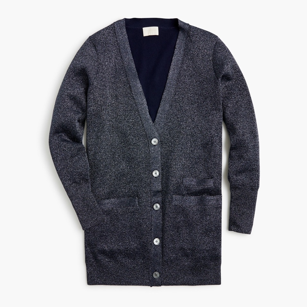 J.Crew Small Collection Navy Long Double Knit Sparkle Lurex Cardigan Sweater